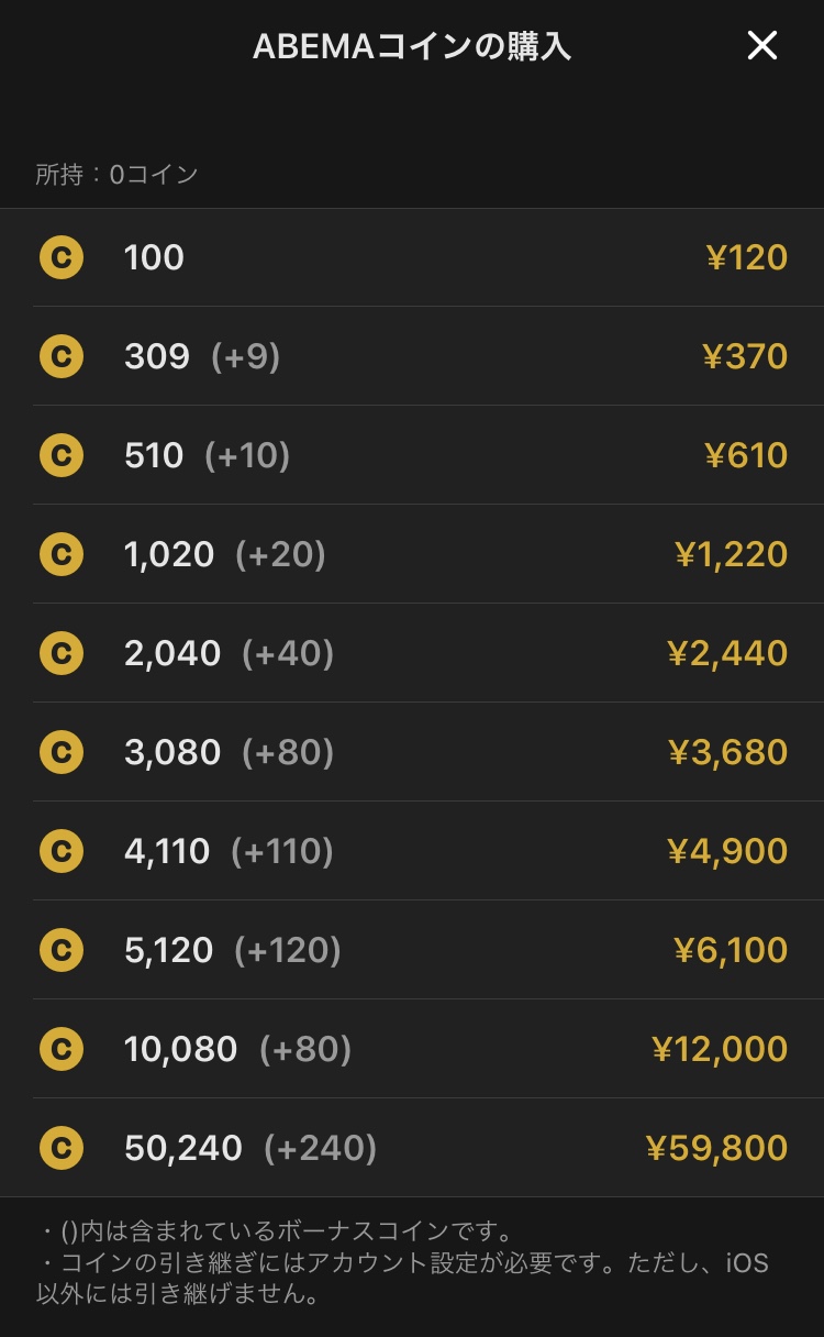 iOSのアベマコイン価格